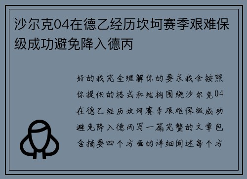 沙尔克04在德乙经历坎坷赛季艰难保级成功避免降入德丙